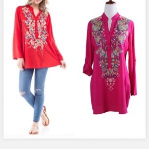 Anthropologie Luna Moon Blouse  Pink Long Sleeve Embellished Tunic Size Large